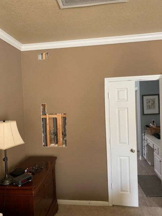 Another customer in Sugar Land had a plumber come in and cut out pieces of the drywall. We came in behind and patched the holes in the drywall, matched the texture then painted the wall.