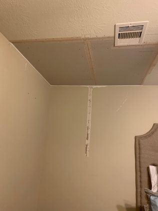 This customer from Richmond has water damage in the ceiling that needed to be replaced. We removed the water damaged drywall and insulation and replaced with new drywall then matched the texture and painted.