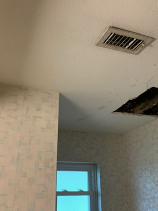 This customer from Sugar Land has water damage in the bathroom and a plumber came and cut out a section of the ceiling to repair a busted pipe. We came in and removed all the water damaged drywall and installed new drywall and texture to match. The customer wanted to paint the ceiling herself.